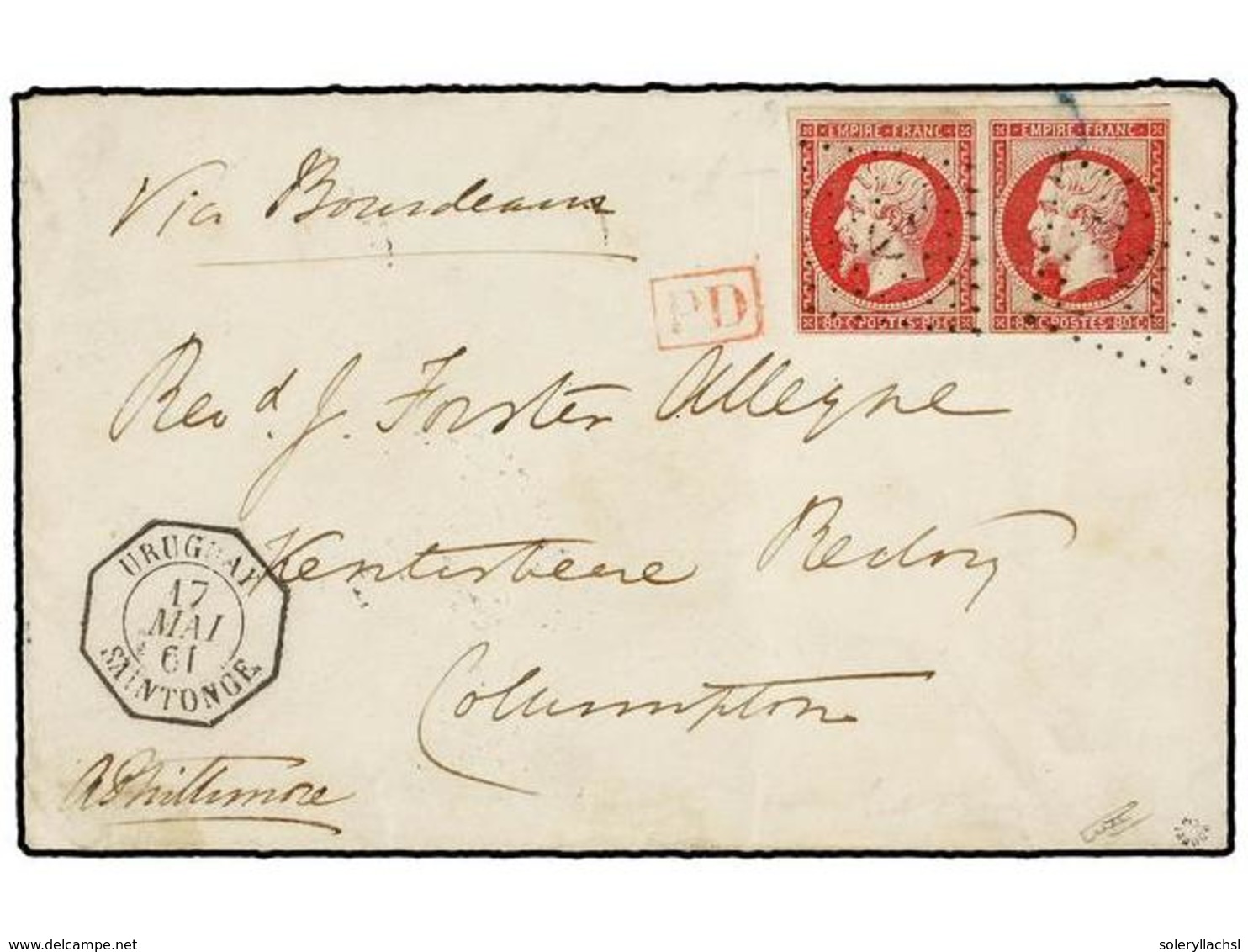 361 URUGUAY. 1861. MONTEVIDEO A GRAN BRETAÑA. Circulado Con Sellos Franceses De <B>80 Cts.</B> Carmín (margen Inferior A - Other & Unclassified