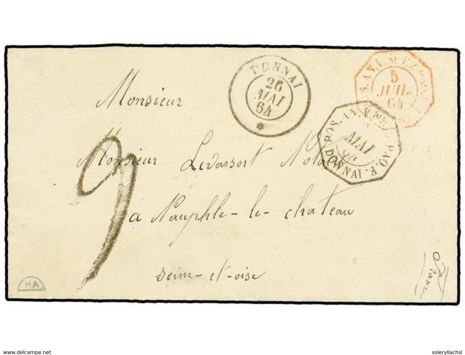 379 HONG KONG. 1864. HONG KONG A FRANCIA. Sobre Circulado Por Buque Francés. Fechador Del Paquebot <B>DONNAI/*</B> (Sall - Other & Unclassified