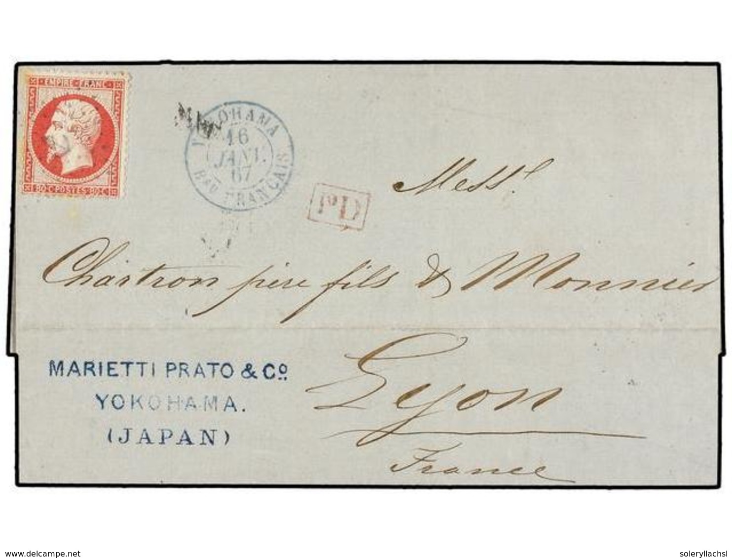 382 JAPON. 1867. YOKOHAMA A LYON. <B>INCENCIO DE LA OFICINA FRANCESA EN YOKOHAMA. </B>Carta Con Sello Francés De <B>80 C - Other & Unclassified