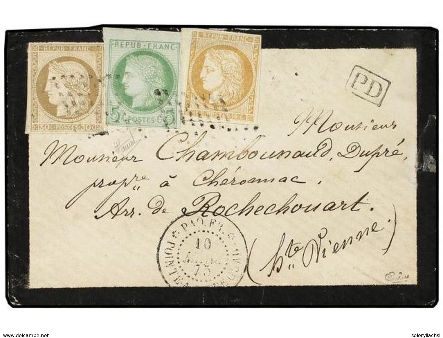 409 GUADALUPE. 1875. POINTE A PITRE A FRANCIA. <B>5 Cts.</B> Verde, <B>15 Cts.</B> Bistre Y <B>30 Cts.</B> Castaño, Mat. - Other & Unclassified