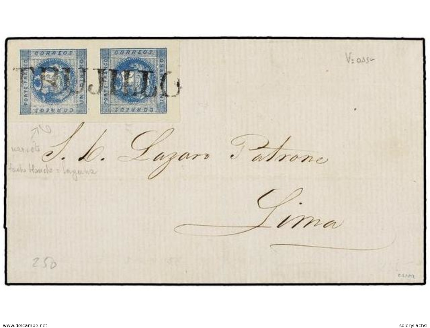 768 PERU. Sc.3 (2). 1858. TRUJILLO A LIMAS. <B>1 Dinero </B>azul, Pareja. Mat. Lineal<B> TRUJILLO.</B> MAGNÍFICA. - Other & Unclassified