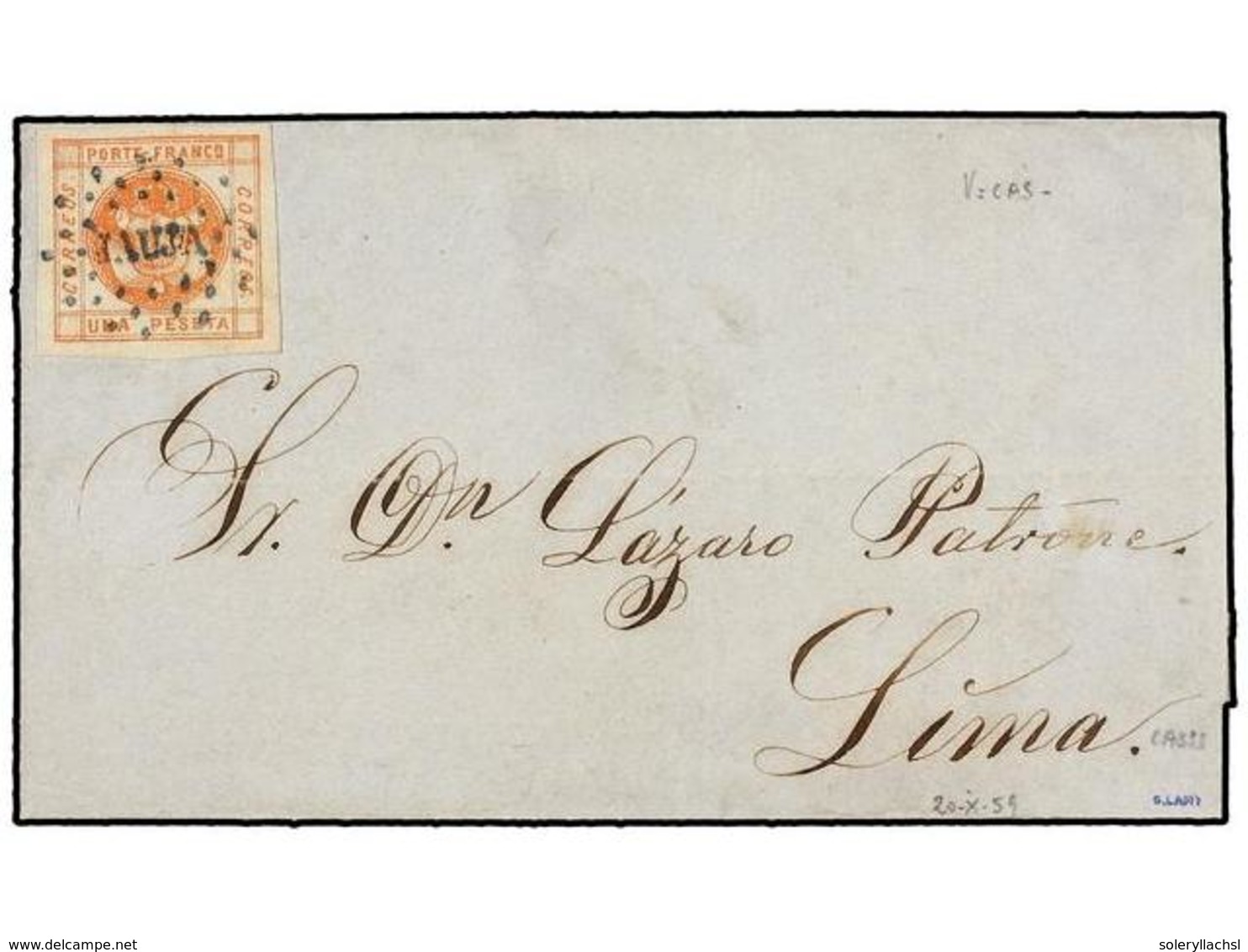 774 PERU. Sc.8. 1859. JAUJA A LIMA.<B> 1 Peseta</B> Rojo, Mat. Círculo De Puntos<B> JAUJA</B> En Azul. MAGNÍFICA. - Other & Unclassified