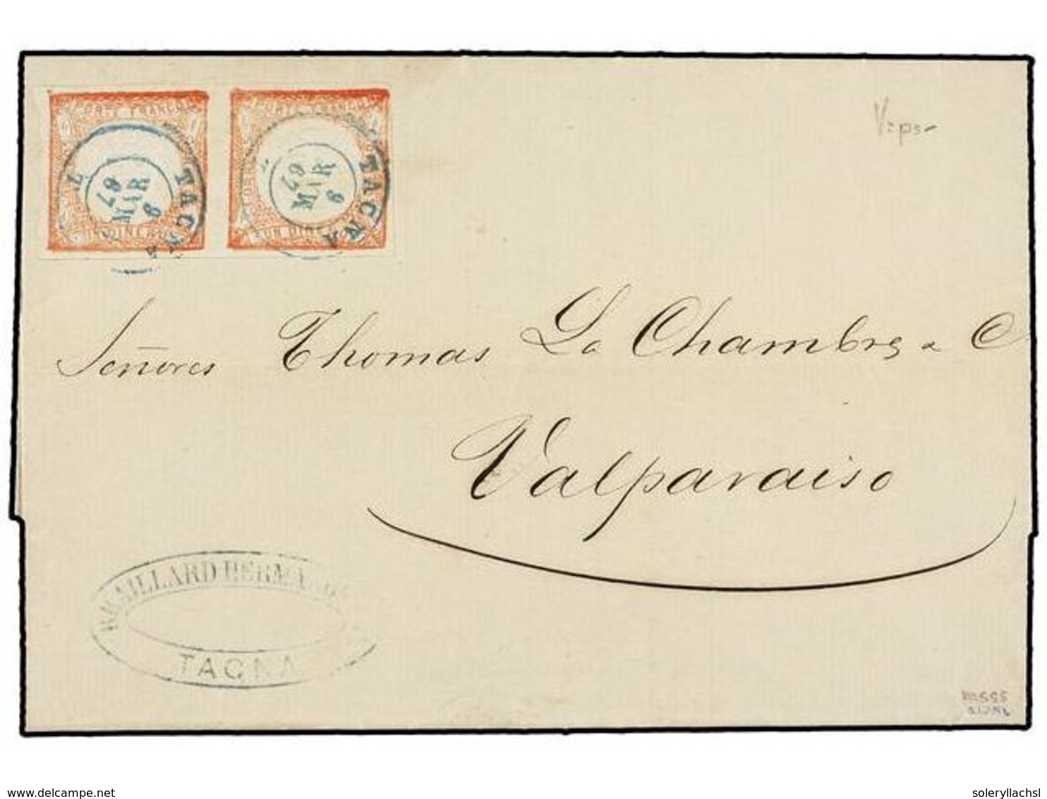 791 PERU. Sc.12 (2). 1867. TACNA A VALPARAISO. <B>1 Dinero</B> Rosa, Pareja, Mat. Fechador<B> TACNA/T</B> En Azul. MAGNÍ - Other & Unclassified