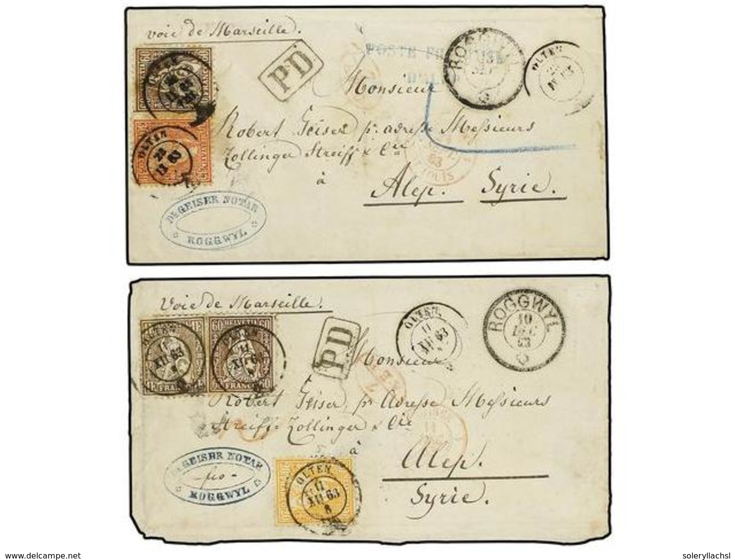 882 SUIZA. 1863. Pair Of Covers From SWITZERLAND Showing Single And Double Tariff, Both From Roggwyl With Sitting Helvet - Altri & Non Classificati