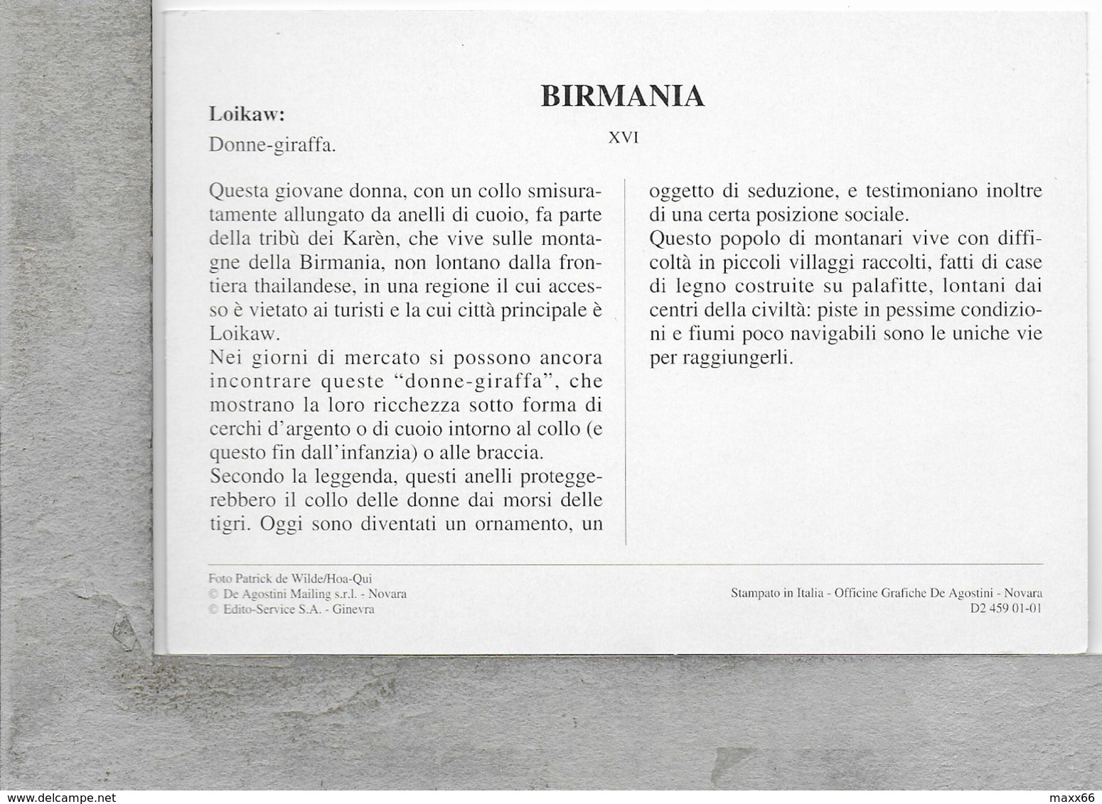 CARTOLINA NV DE AGOSTINI - BIRMANIA - Loikaw - Donne Giraffa - Vedute Dal Mondo - 10 X 15 - Myanmar (Burma)