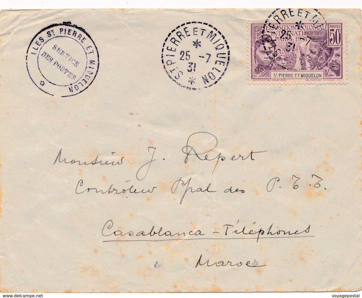 Lettre Exposition Coloniale 50c ST Pierre Et Miquelon Cachet Service Des Postes - Brieven En Documenten