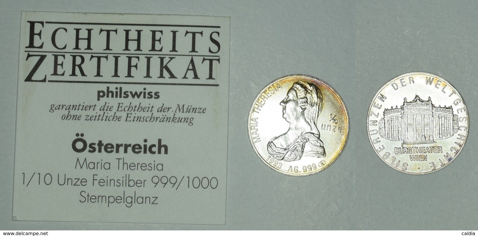 Autriche Austria Österreich 1993 " Maria Theresia / Burgtheater " SILVER Argent Commemorative Medallion With Certificate - Oesterreich