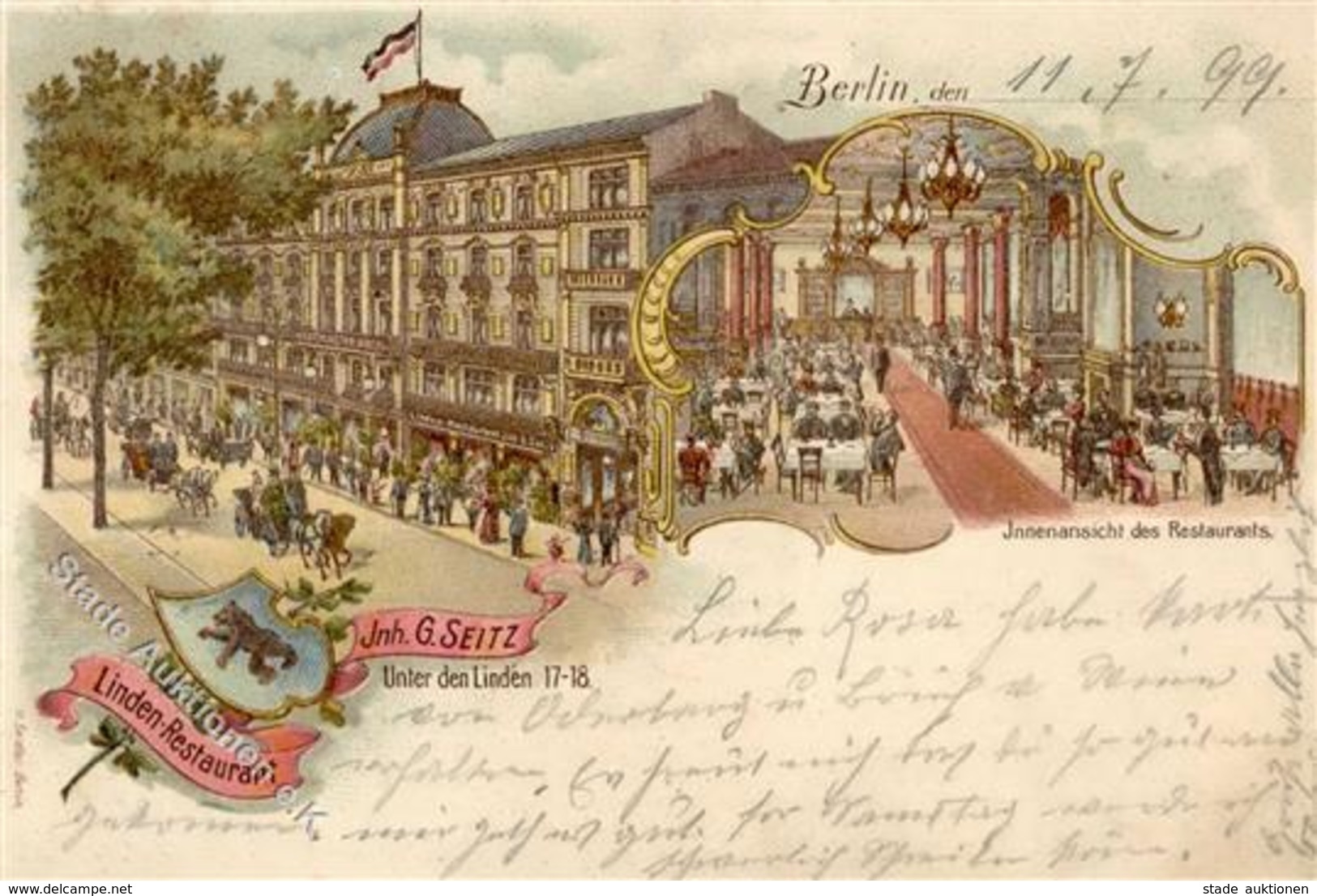 Berlin Mitte (1000) Linden Gasthaus Unter Den Linden 17-18 Lithographie 1899 I-II - War 1914-18