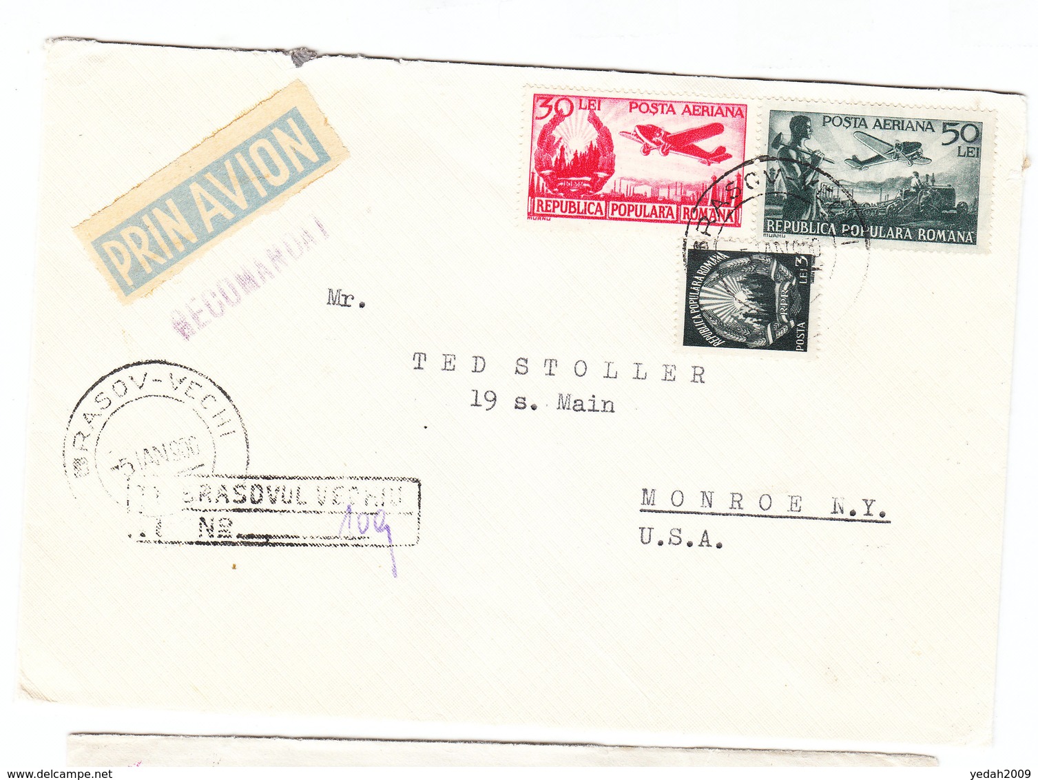 Romania REGISTERED AIRMAIL COVER TO USA 1950 - Storia Postale