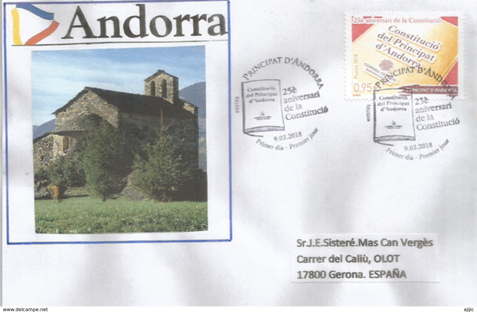 ANDORRA. 25 Ans De La Constitution Andorrane 2018. Lettre FDC - Covers & Documents