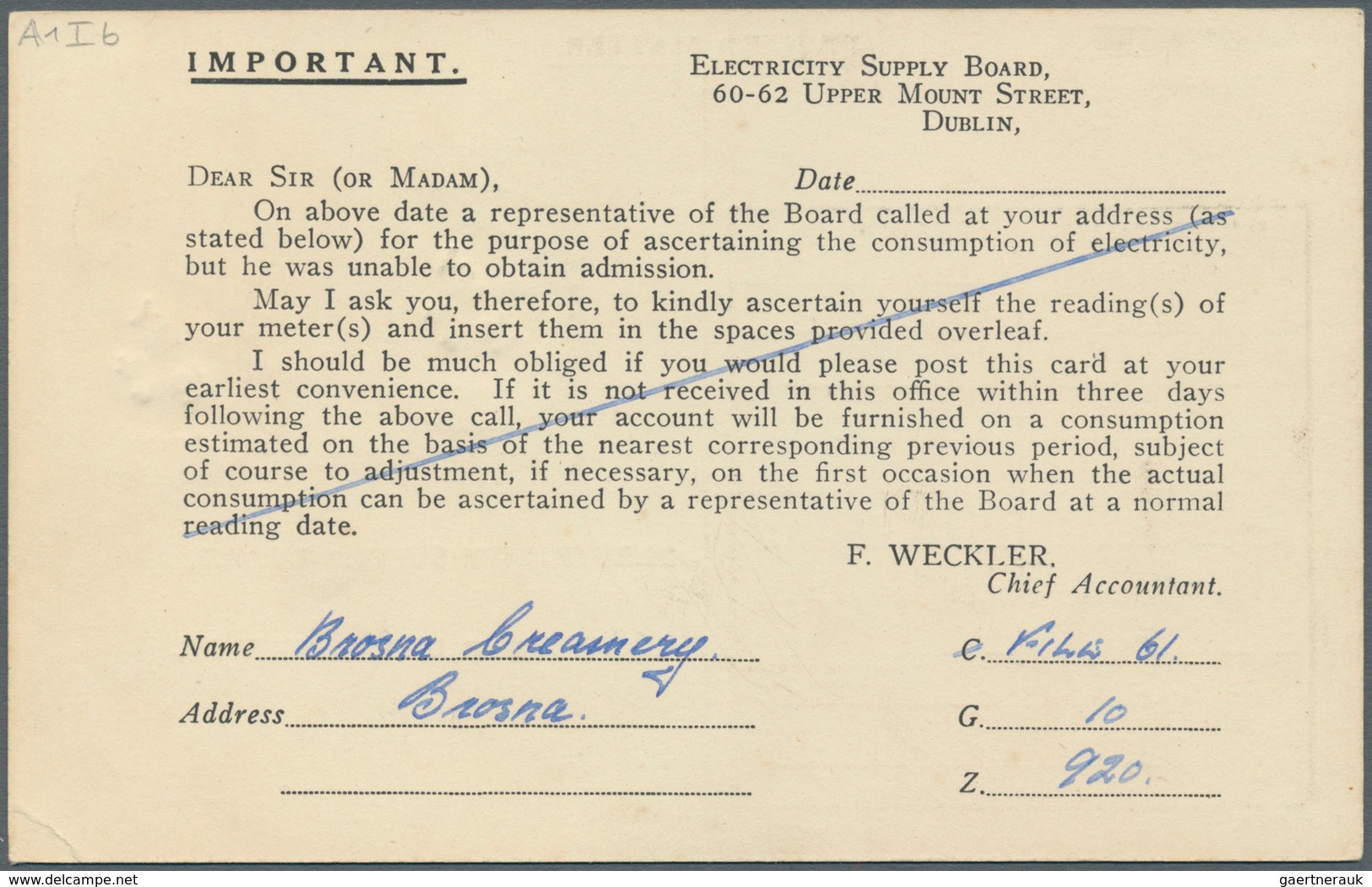 14464 Irland - Ganzsachen: Electricity Supply Board: 1944, 1/2 D. Pale Green Printed Matter Card With Addi - Ganzsachen