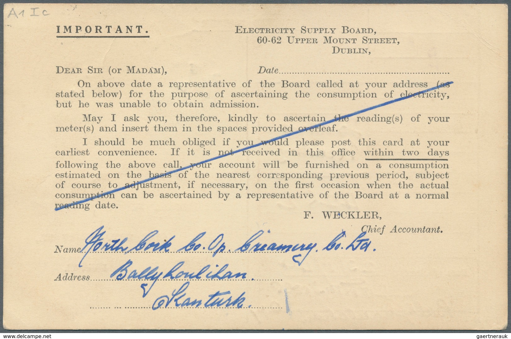 14465 Irland - Ganzsachen: Electricity Supply Board: 1944, 1/2 D. Pale Green Printed Matter Card With Addi - Ganzsachen