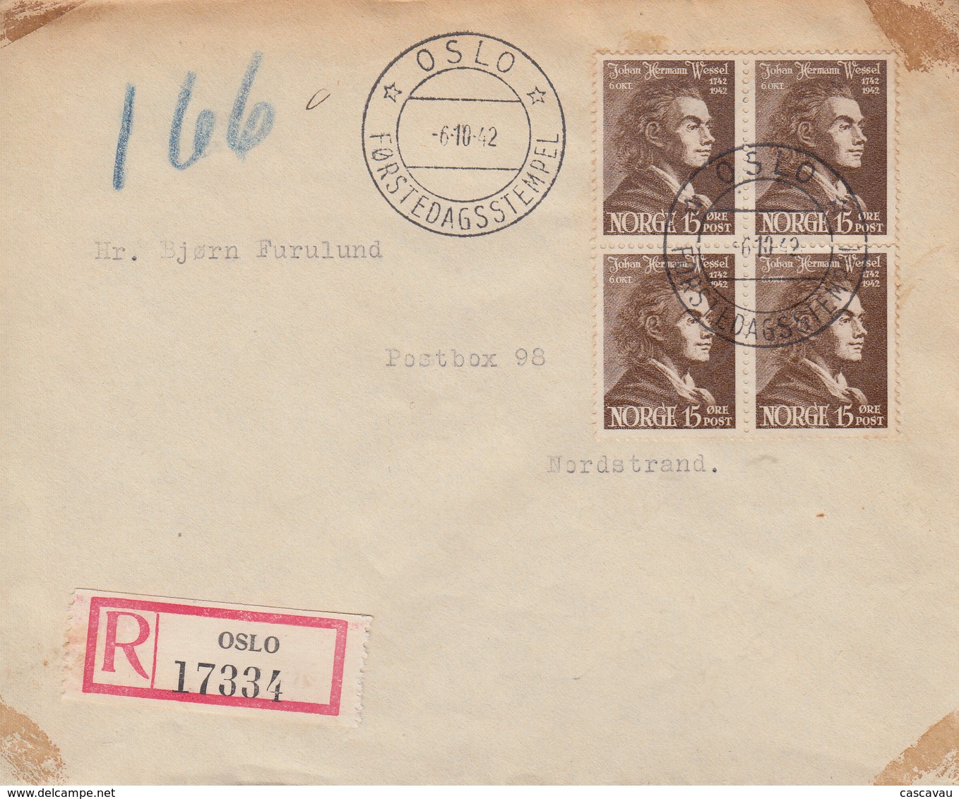 Enveloppe  Recommandée  FDC  1er   Jour   NORVEGE   Johan  Herman   WESSEL    OSLO   1943 - FDC