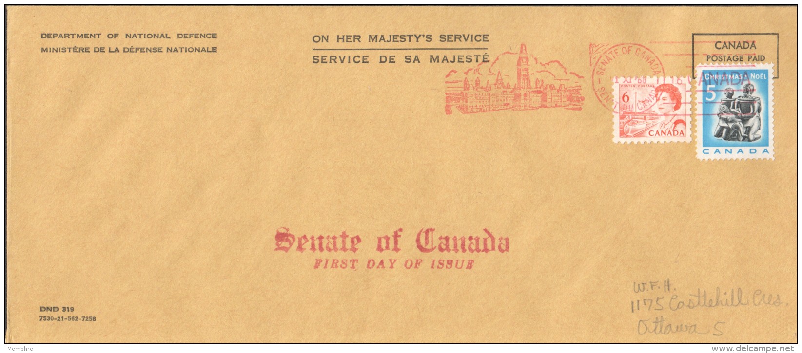1968  Centennial Definitive 6cents Orange Sc 459 And Christmas Issue  Sc 488  Senate Of Canada FDC - 1961-1970