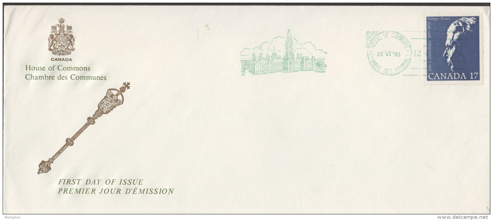 1980  John Diefenbaker, Prime Minister  Sc 859  House Of Commons FDC - 1971-1980