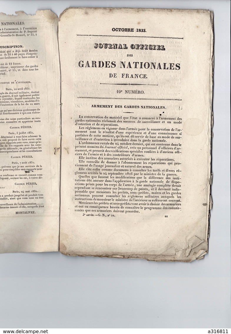 MANUEL DE L ARMEMENT DES GARDES NATIONALES OCTOBRE 1833  Numero 10 Chez Dupont - Other & Unclassified