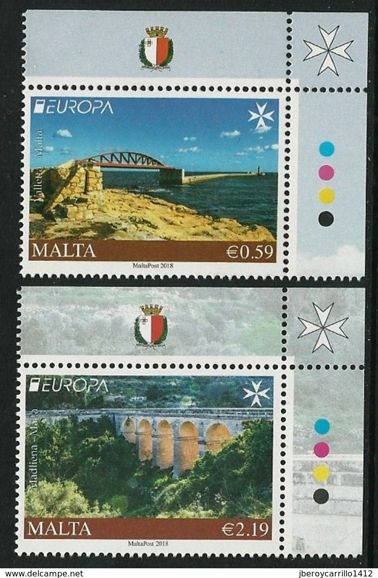 MALTA  -EUROPA 2018 - PUENTES.- BRIDGES - BRÜCKEN - PONTS".- SERIE De 2 V.CANTO HOJA - 2018