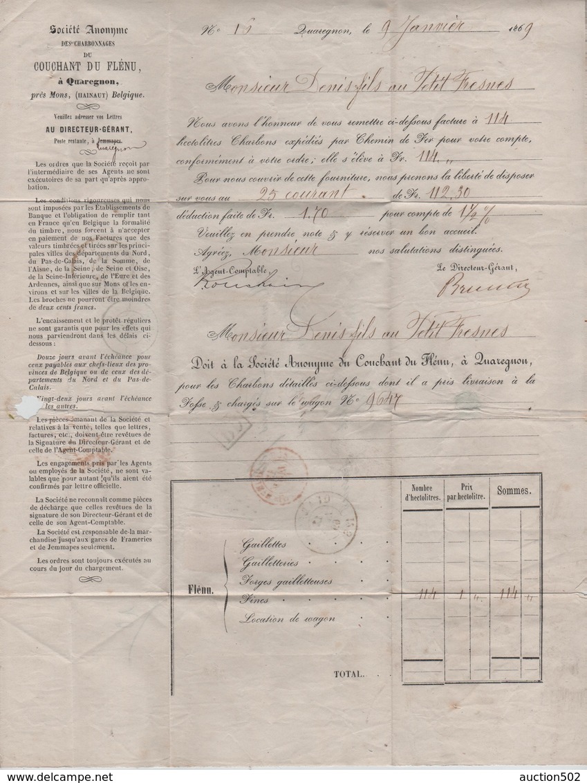 TP 19 S/LAC SA Charbonnages Flénu écrit De Quaregnon C.Charleroi 12/1/69 V.France Ambt France Midi 1 - 1865-1866 Perfil Izquierdo