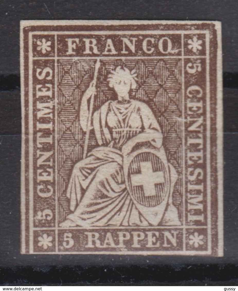 SUISSE STRUBEL 1857:  5 Rappen, Brun , Papier épais, Fil De Soie Vert (ZNr 22G), Neuf **, Forte Cote - Ongebruikt