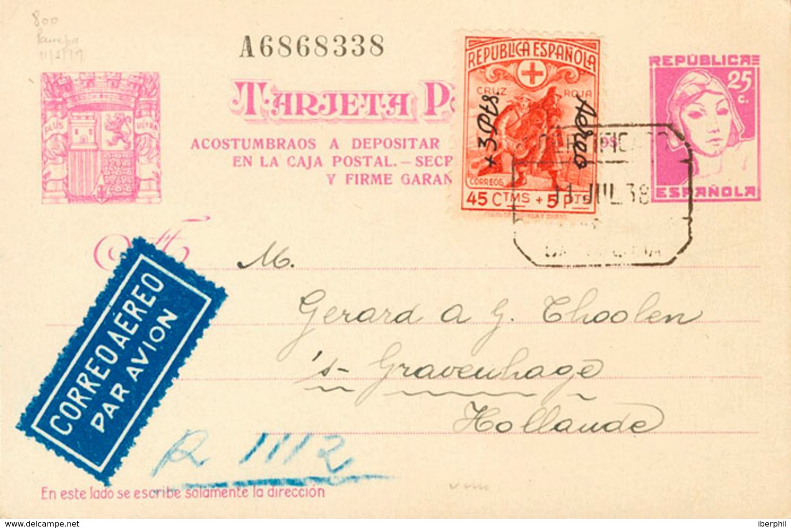 934 1938. Sobre EP75. 25 Cts Lila Sobre Tarjeta Entero Postal Certificada De BARCELONA A LA HAYA (HOLANDA), Con Franqueo - Sonstige & Ohne Zuordnung