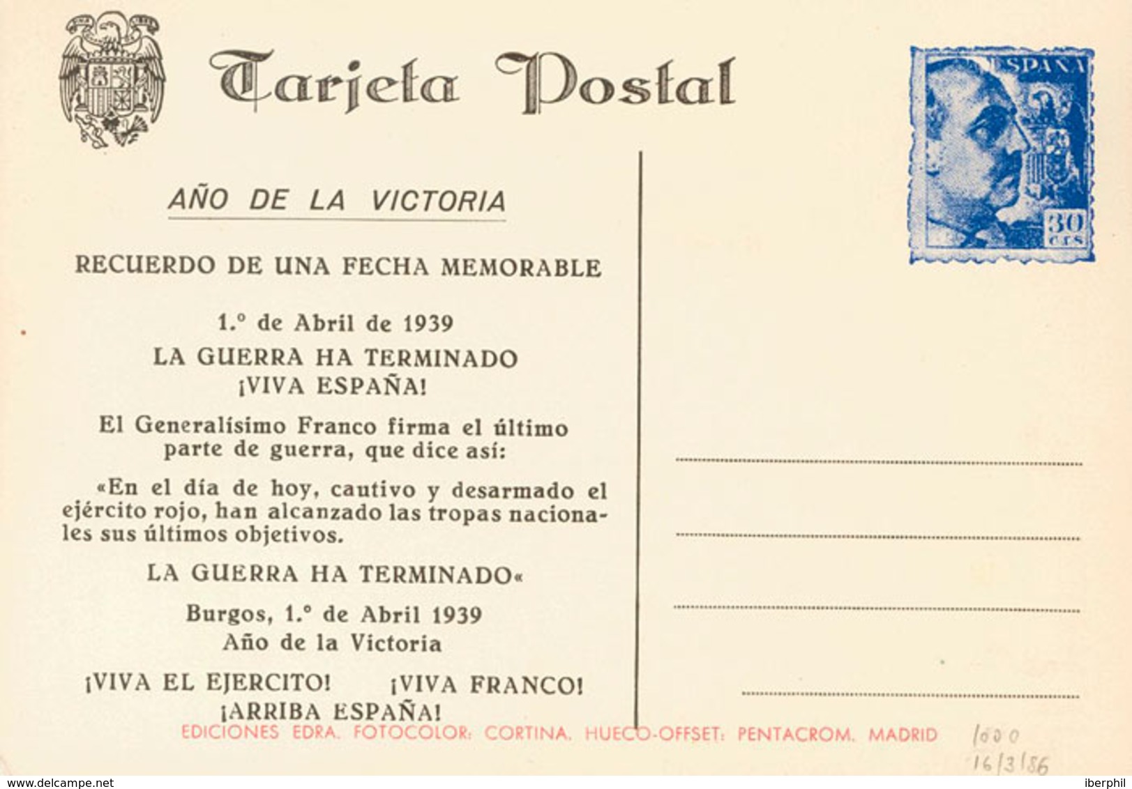 953 1939. Tarjeta Postal Privada Con Reproducción Del 30 Cts Azul De Franco Con Texto "Año De La Victoria..." . MAGNIFIC - Sonstige & Ohne Zuordnung