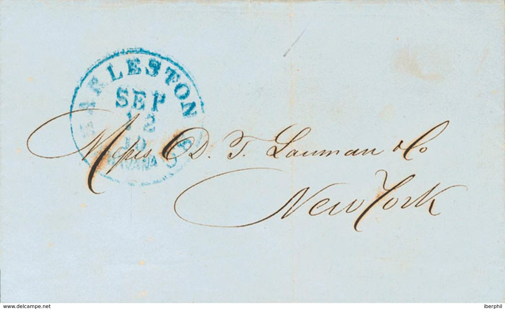 1277 1854. LA HABANA A NUEVA YORK. Fechador CHARLESTON S.C. / HAVANA, En Azul Aplicado En Tránsito. MAGNIFICA Y MUY RARA - Kuba (1874-1898)