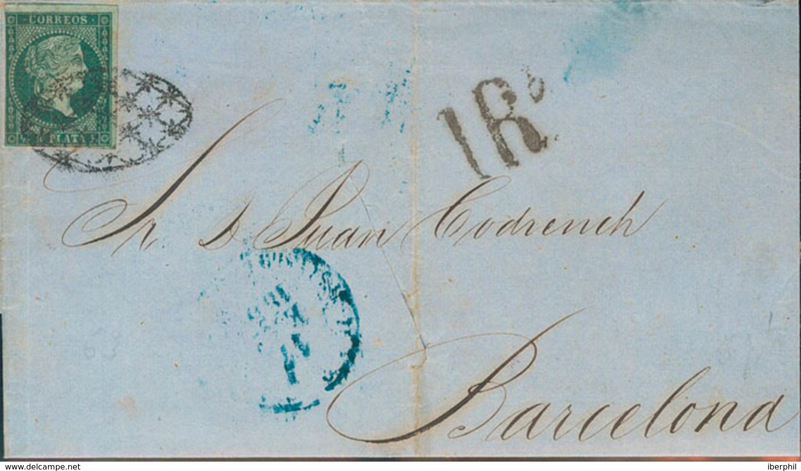 1289 1856. Sobre 1. ½ Real Verde Negruzco (doblez De Archivo). LA HABANA A BARCELONA. Corte De Desinfección Posiblemente - Kuba (1874-1898)