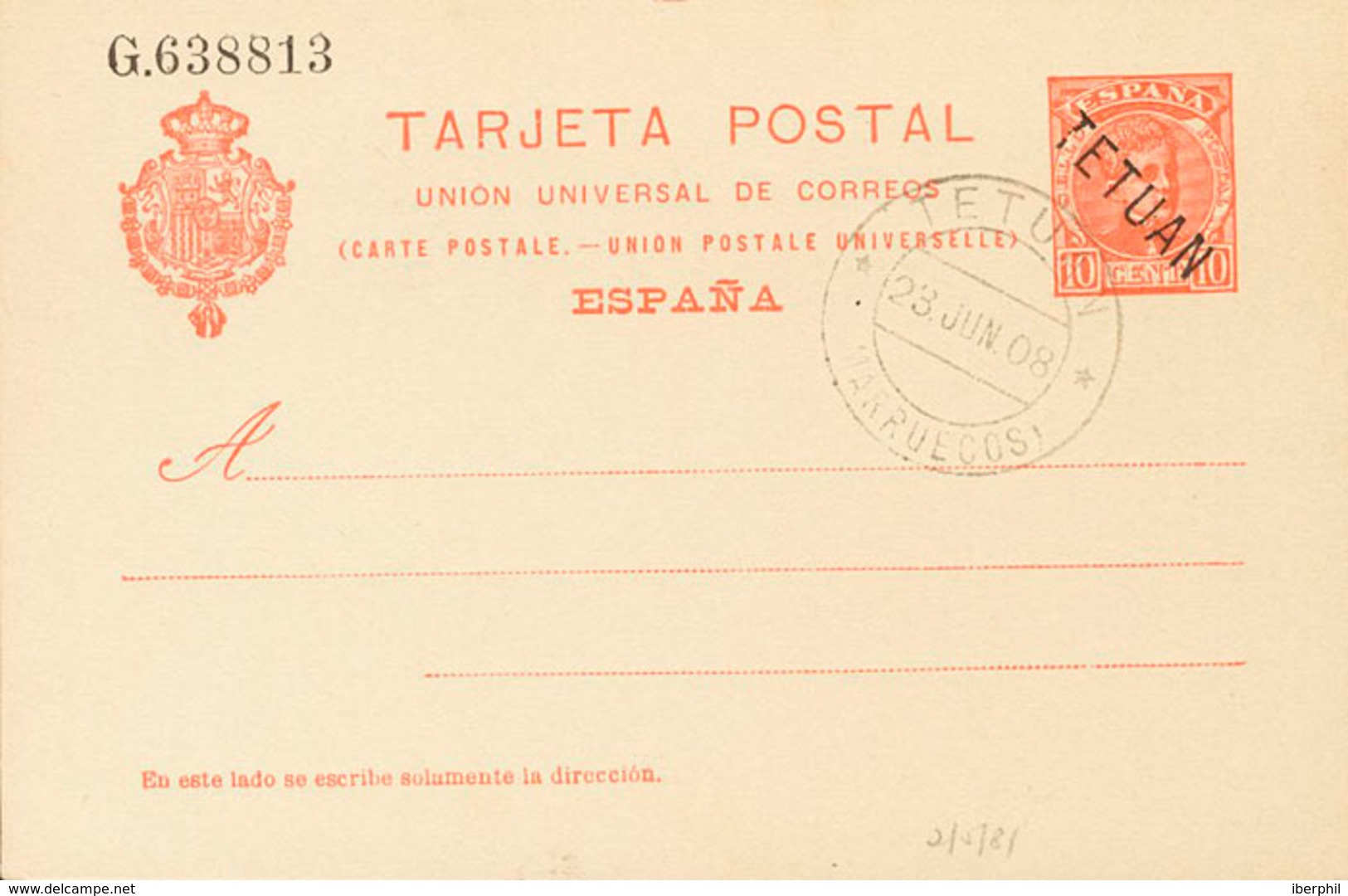 1539 1908. º EP3. 10 Cts Rojo Sobre Tarjeta Entero Postal. Matasello TETUAN / MARRUECOS. MAGNIFICA Y RARA. Edifil 2018:  - Spanisch-Marokko