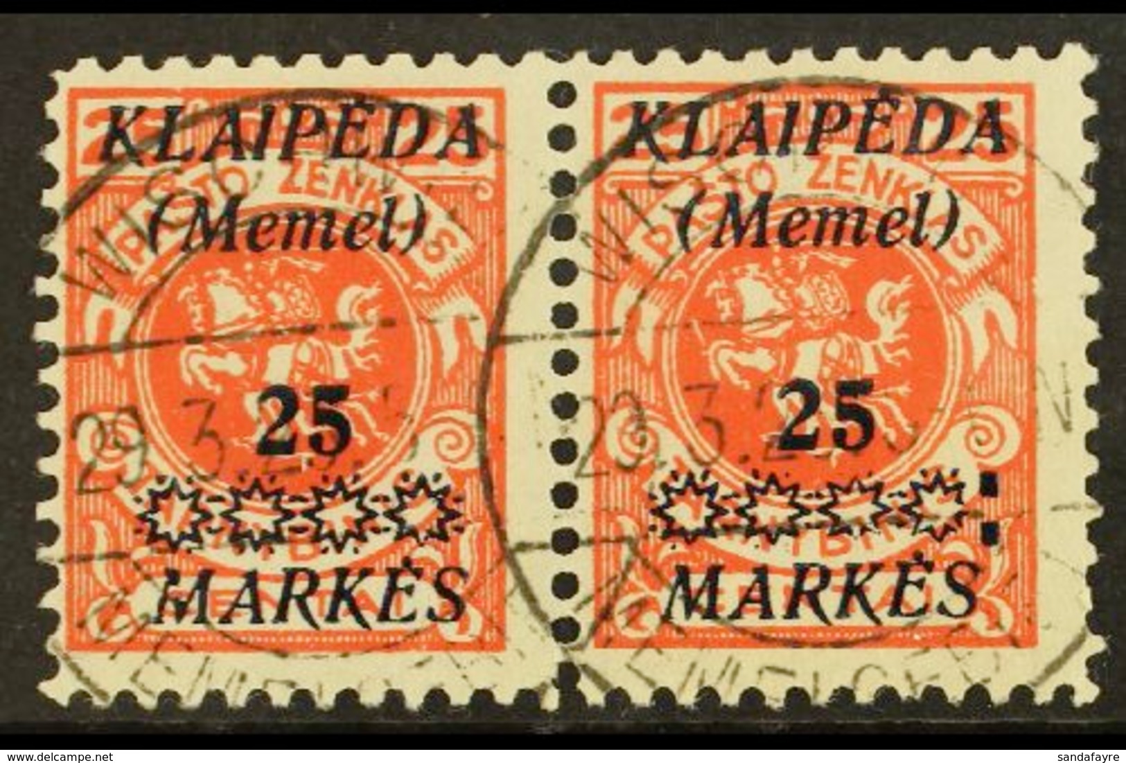 1923  25m On 25c Vermilion Overprint (Michel 137, SG 14), Fine Cds Used Horiz PAIR, The Right Stamp With 'Colon After St - Other & Unclassified