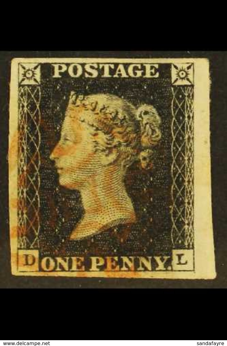 1840  1d Black 'DL' Plate 1b, SG 2, Used With 4 Margins & Red MC Cancellation. A Stunning, Large Example. Outstanding. F - Unclassified