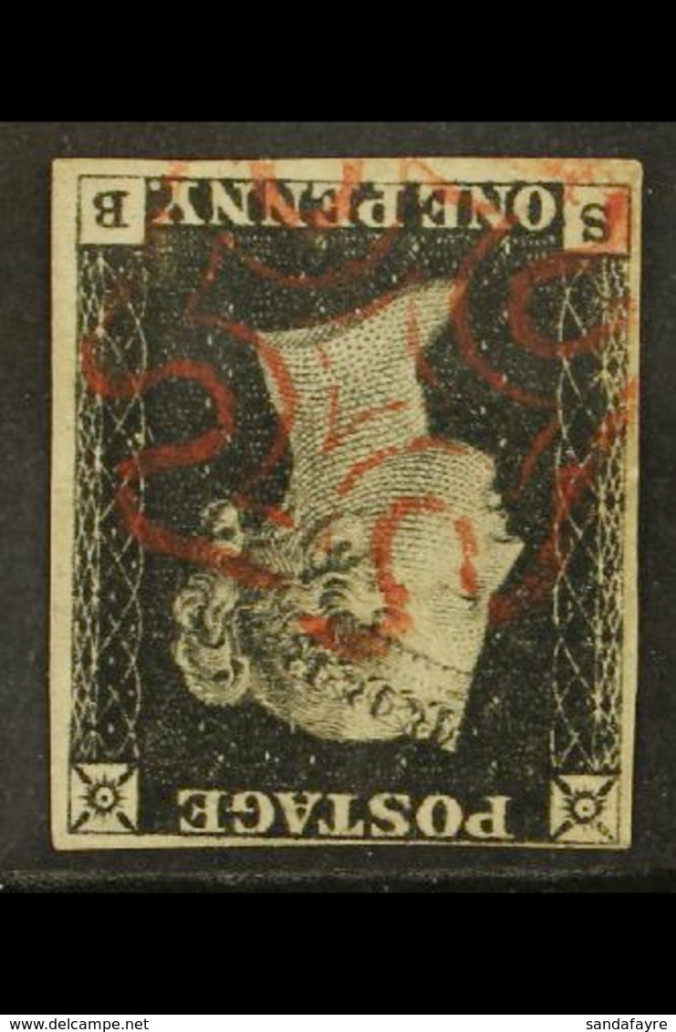 1840  1d Intense Black 'SB' Plate 1b With WATERMARK INVERTED, SG 1Wi, Used With 4 Margins & Crisp Red MC Cancellation. A - Unclassified