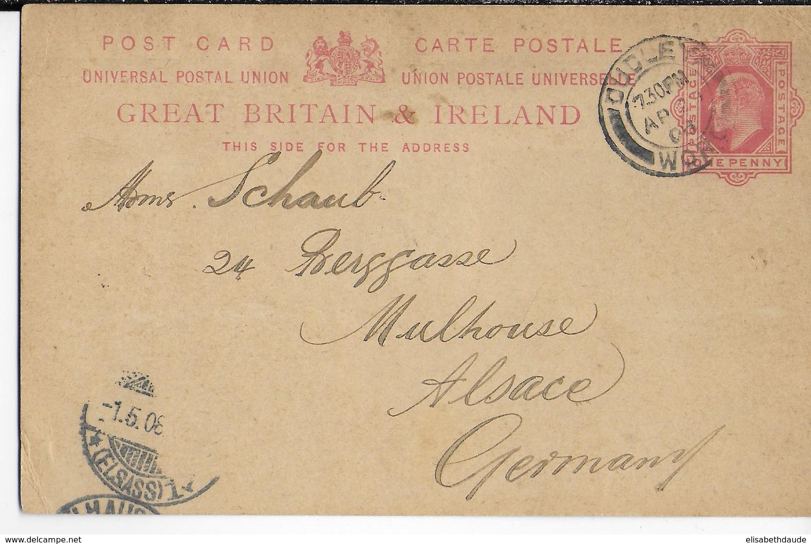 GB - 1908 - TIMBRE POSTE AYANT SERVI COMME FISCAL Sur CARTE ENTIER De DUDLEY => MULHOUSE (ALSACE) - Covers & Documents