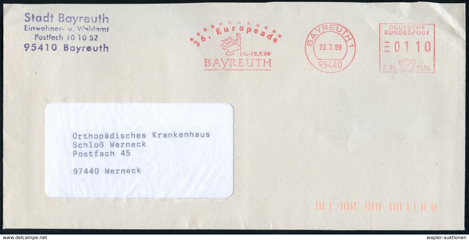 1999 (22.3.) 95440 BAYREUTH 1, Kommunaler Absender-Freistempel: 36. Europeade.., Inl.-Brief - Europa-Union & EG / Europe - Otros & Sin Clasificación