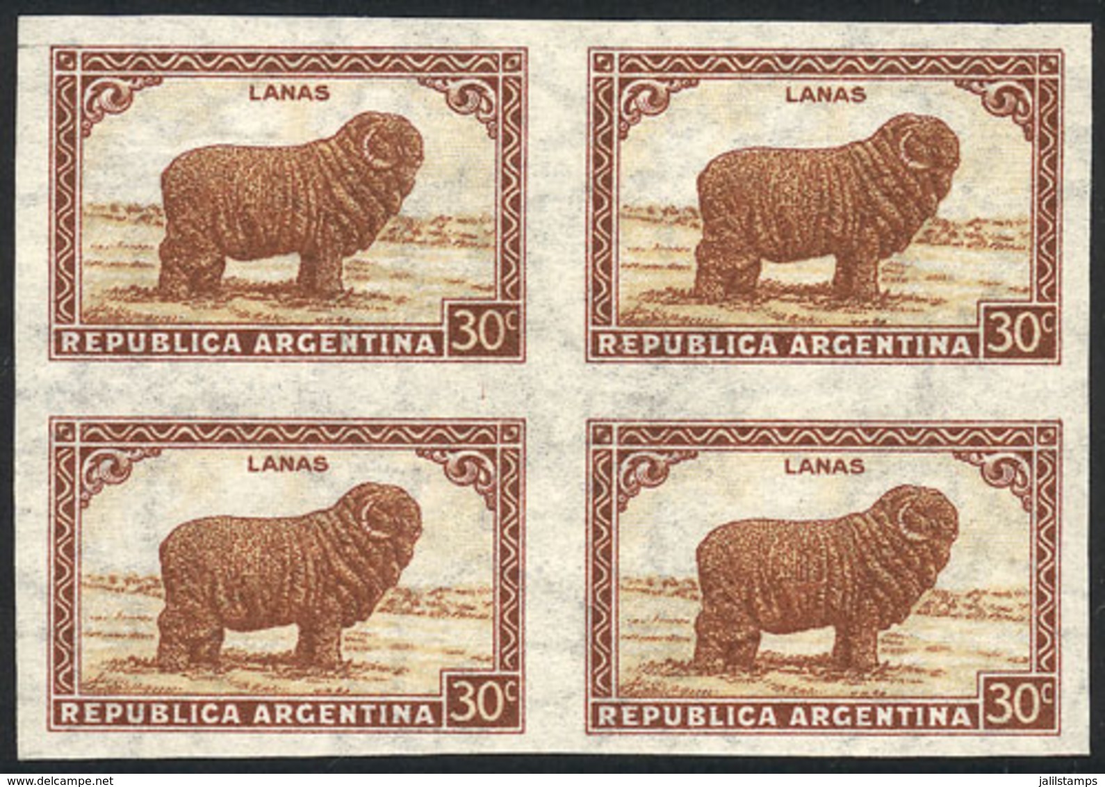 388 ARGENTINA: GJ.788P, 30c. Sheep, Straight Rays Watermark, IMPERFORATE BLOCK OF 4, VF Quality! - Other & Unclassified