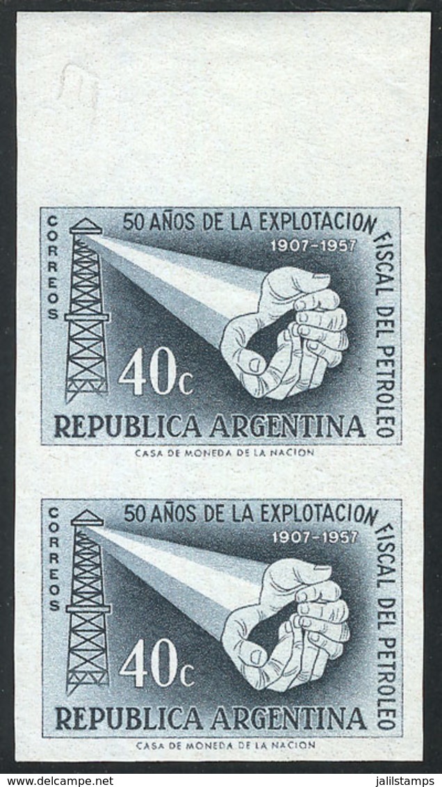 430 ARGENTINA: GJ.1090, 1957 Oil Explotation, Proof In Greenish Gray, Imperforate Pair Printed On Original Paper, Excell - Other & Unclassified