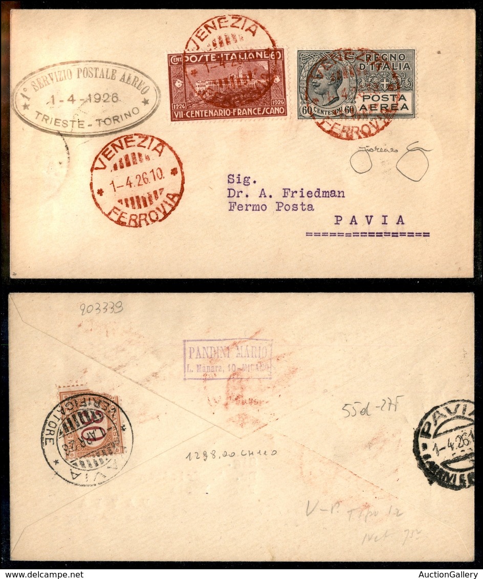 0915 ITALIA - POSTA AEREA - 1926 (1 Aprile) - Venezia Pavia (55d - Longhi 1458/26TSj) - Aerogramma Del Volo - Longhi - Sonstige & Ohne Zuordnung