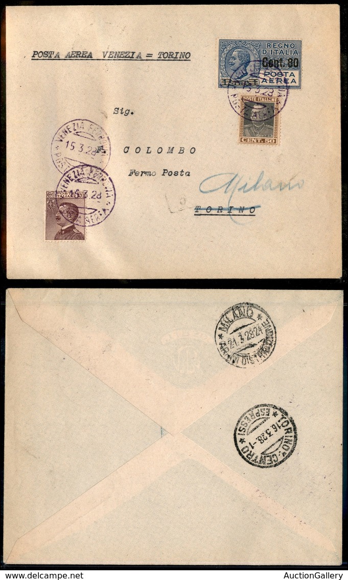 0939 ITALIA - POSTA AEREA - 1928 (15 Marzo) - Venezia Torino - Aerogramma Del Volo - Sonstige & Ohne Zuordnung