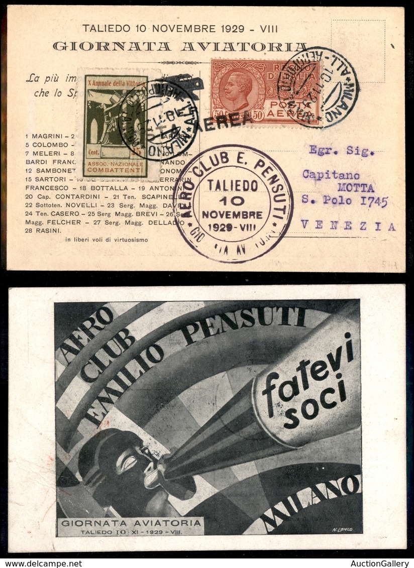 0954 ITALIA - POSTA AEREA - 1929 (10 Novembre) - Giornata Aviatoria/Aeroclub Pensuti Taliedo (Longhi 2006/29NEg) - Carto - Sonstige & Ohne Zuordnung