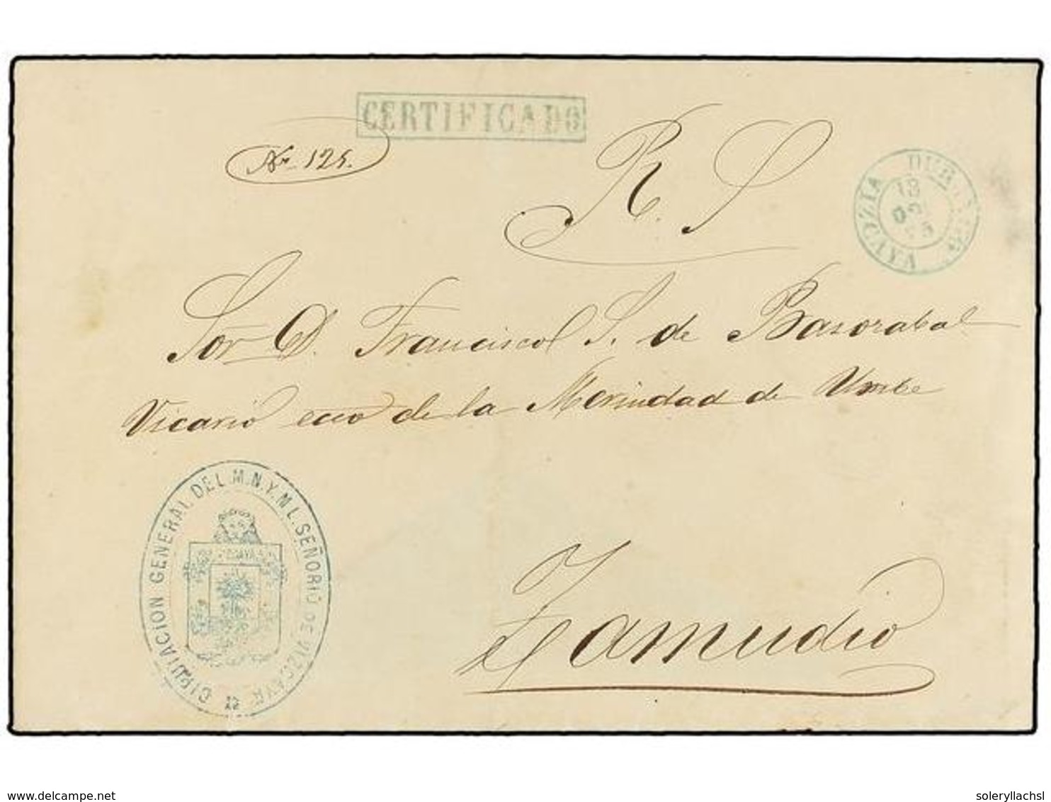 361 ESPAÑA. 1875. <B>CARLISTAS. </B>DURANGO A ZAMUDIO. Carta Certificada Circulada Con La Marca De Franquicia <B>DIPUTAC - Autres & Non Classés