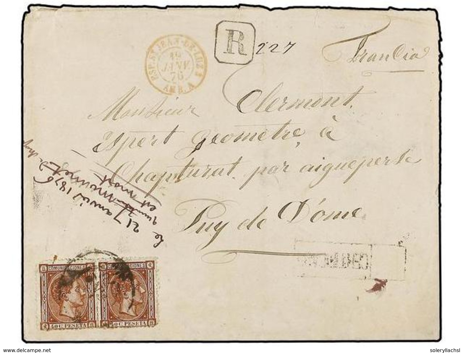 369 ESPAÑA. Ed.167 (2). 1876. MÁLAGA A FRANCIA. <B>40 Cts.</B> Castaño (2). Carta <B>CERTIFICADA</B> Circulada Vía Madri - Autres & Non Classés