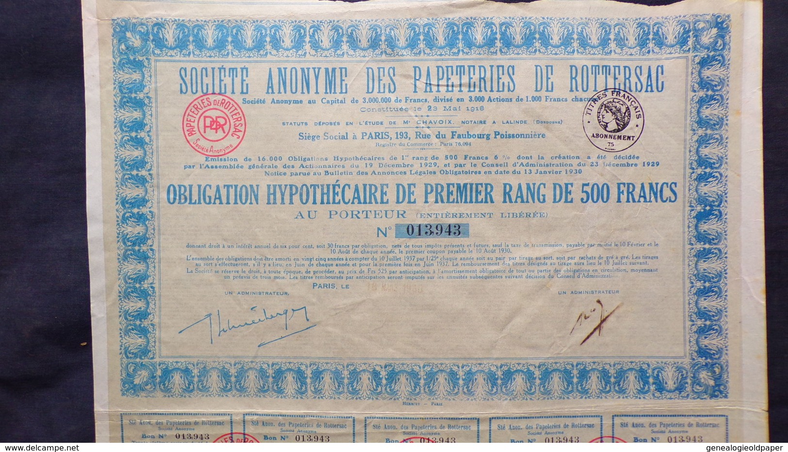 75- PARIS-24- DORDOGNE-RARE OBLIGATION HYPOTHECAIRE PAPETERIES ROTTERSAC 500 FRANCS-M. CHAVOIX NOTAIRE A LALINDE - Industry