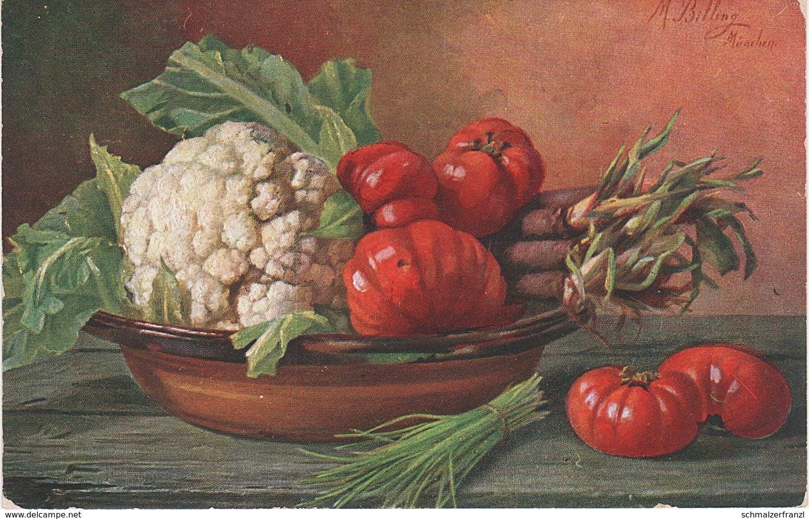 Künstlerkarte AK M. Billing Stillleben Sommer Tomaten Blumenkohl Kräuter Kunst Art Malerei München - Billing, M.