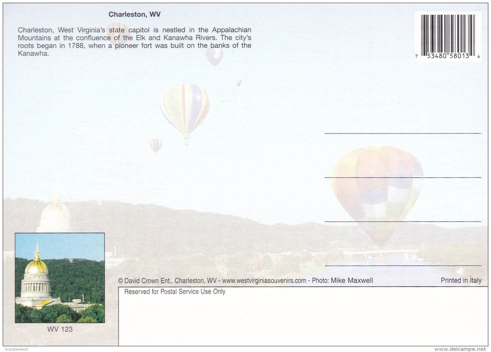 Hot Air Balloons And Capitol, Charleston, West Virginia, USA Unused - Charleston