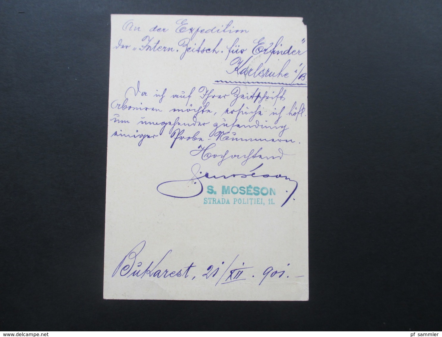 Rumänien 1901 Ganzsache Mit Zusatzfrankatur Nach Karlsruhe Mit AK Stempel! S. Moseson Strada Politiei 11. - Briefe U. Dokumente