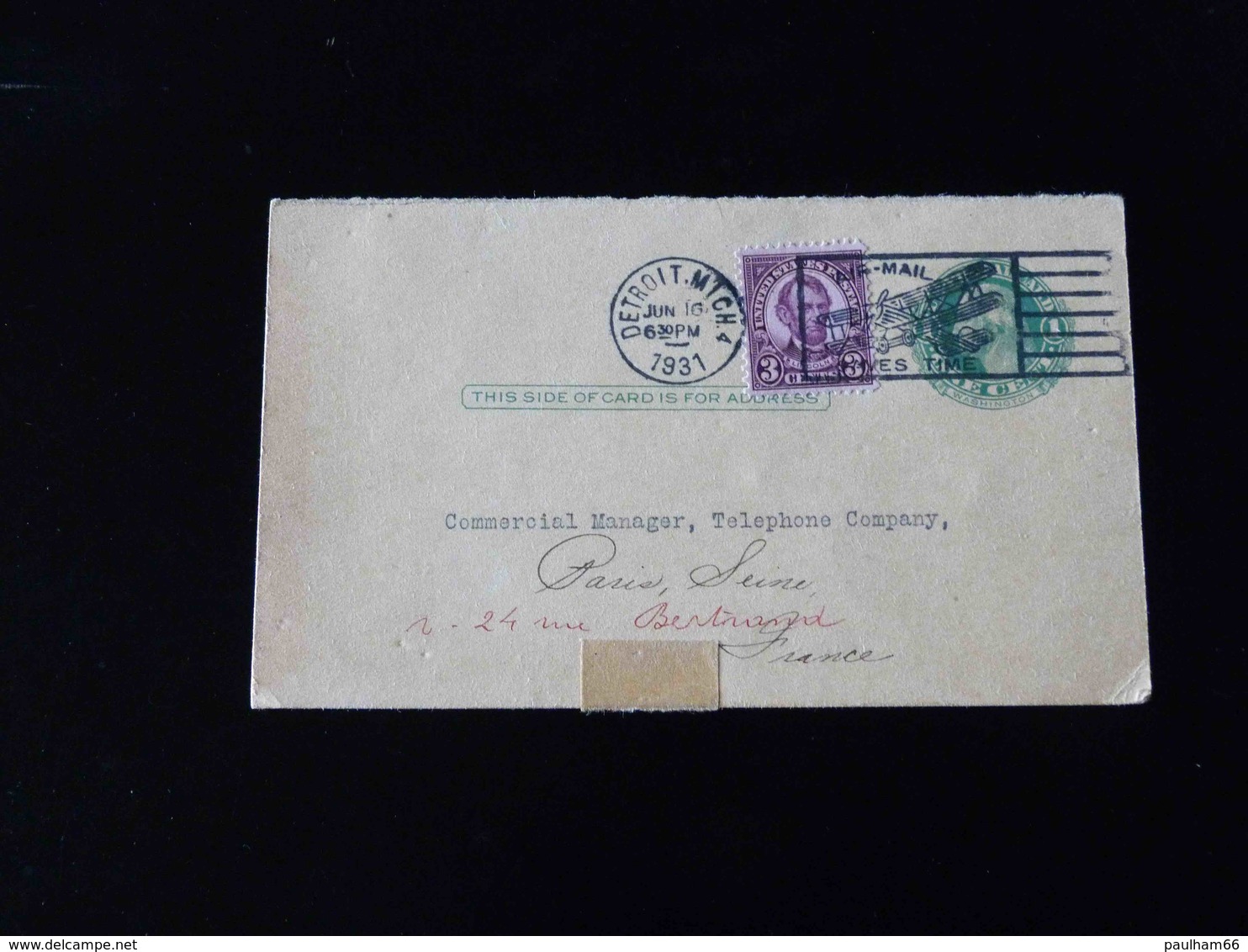 ENTIER POSTAL  ETATS UNIS POUR PARIS  AVEC SURCHARGE - 1921-40