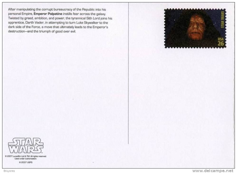 Entier Postal De 2007 Sur Carte Postale Avec Timbre Et Illustration "Star Wars - Emperor Palpatine" - 2001-10