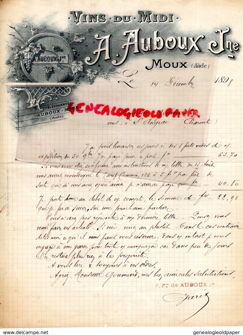 11- MOUX- RARE LETTRE MANUSCRITE SIGNEE A. AUBOUX JEUNE- VIN - VINS DU MIDI- 1898 - 1800 – 1899