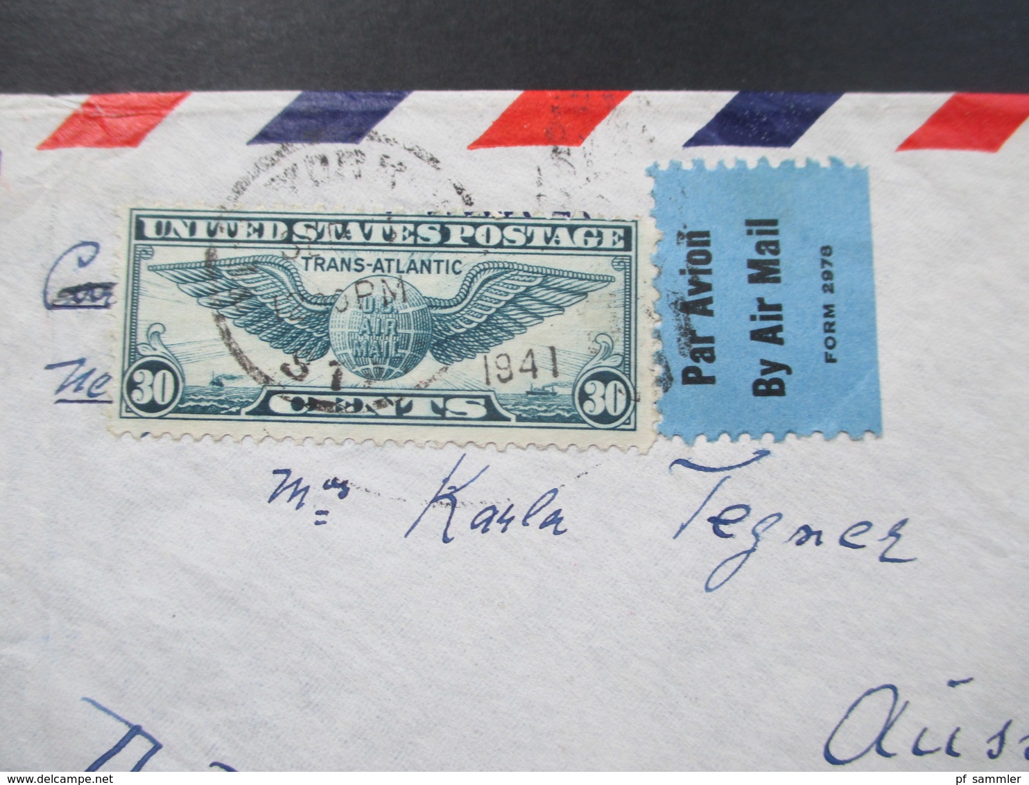 USA 1941 Luftpost / Air Mail nach Aussig Adolf Hitler Strasse Sudetengau. Zensurbeleg OKW Zensur
