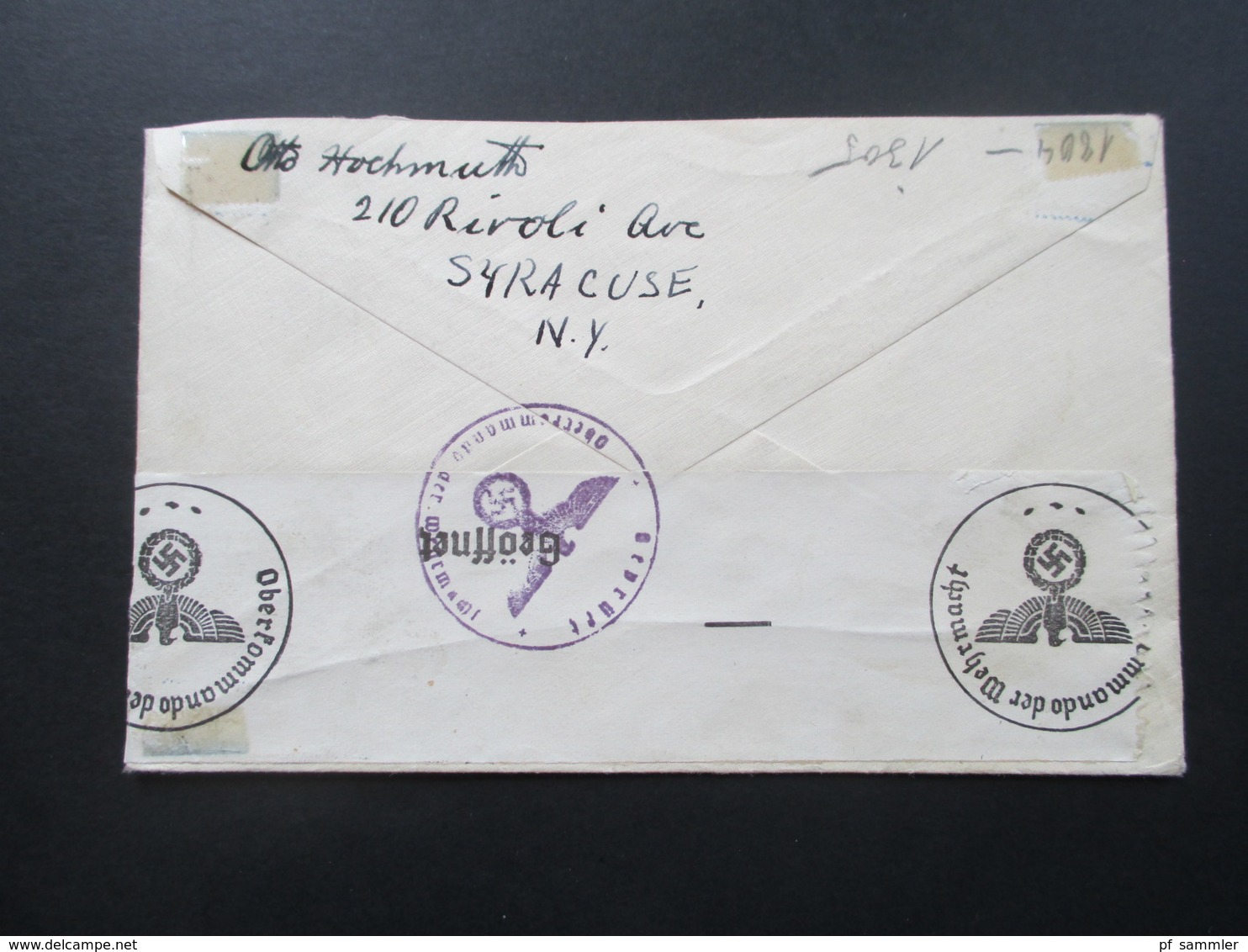 USA 1940 Nr. 281 EF Syracuse Luftpost / Air Mail Nach Pforzheim. Zensurbeleg. OKW Zensur - Briefe U. Dokumente