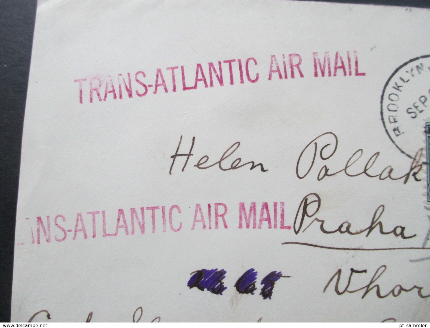 USA 1939 Flugpostmarke Nr. 450 1. Transatlantikflug. Nach Prag Protektorat Böhmen. Lisboa Correio Aereo Portugal - Briefe U. Dokumente